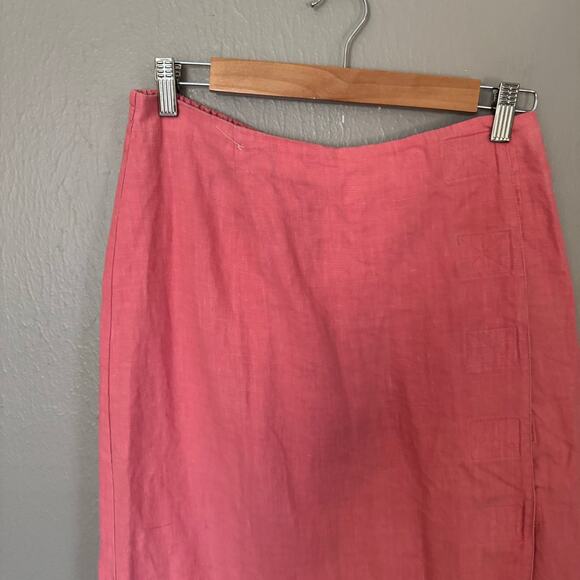 100% LINEN Coral Long Skirt High Rise Size Large Casual split skirt front - Picture 2 of 5